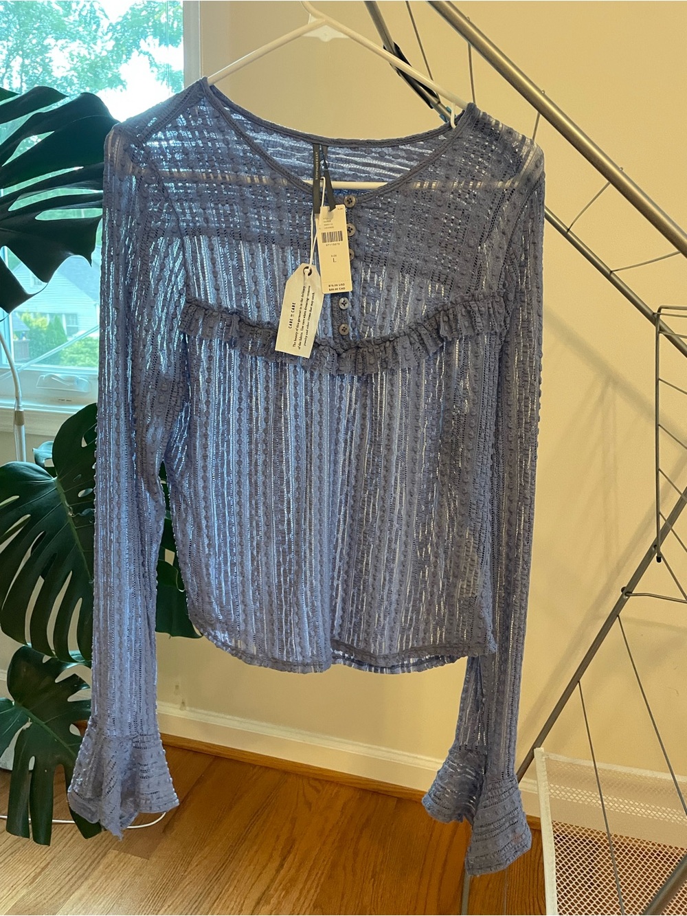 Anthropologie Lavender Sheer Ruffle-Trim Long Sleeve Blouse